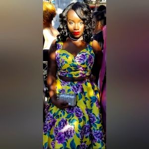 Size 8 Rachel Allan two piece, yellow and purple Floral Prom Dreas